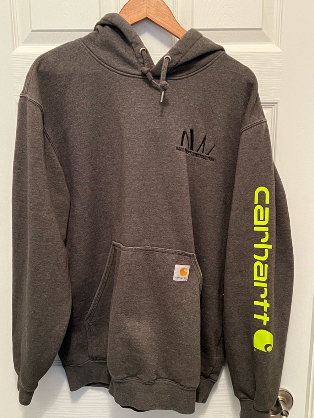Carhartt K288 Carbon Heather Hoodie Mens Large - with Neon Yellow Sleeve Logo